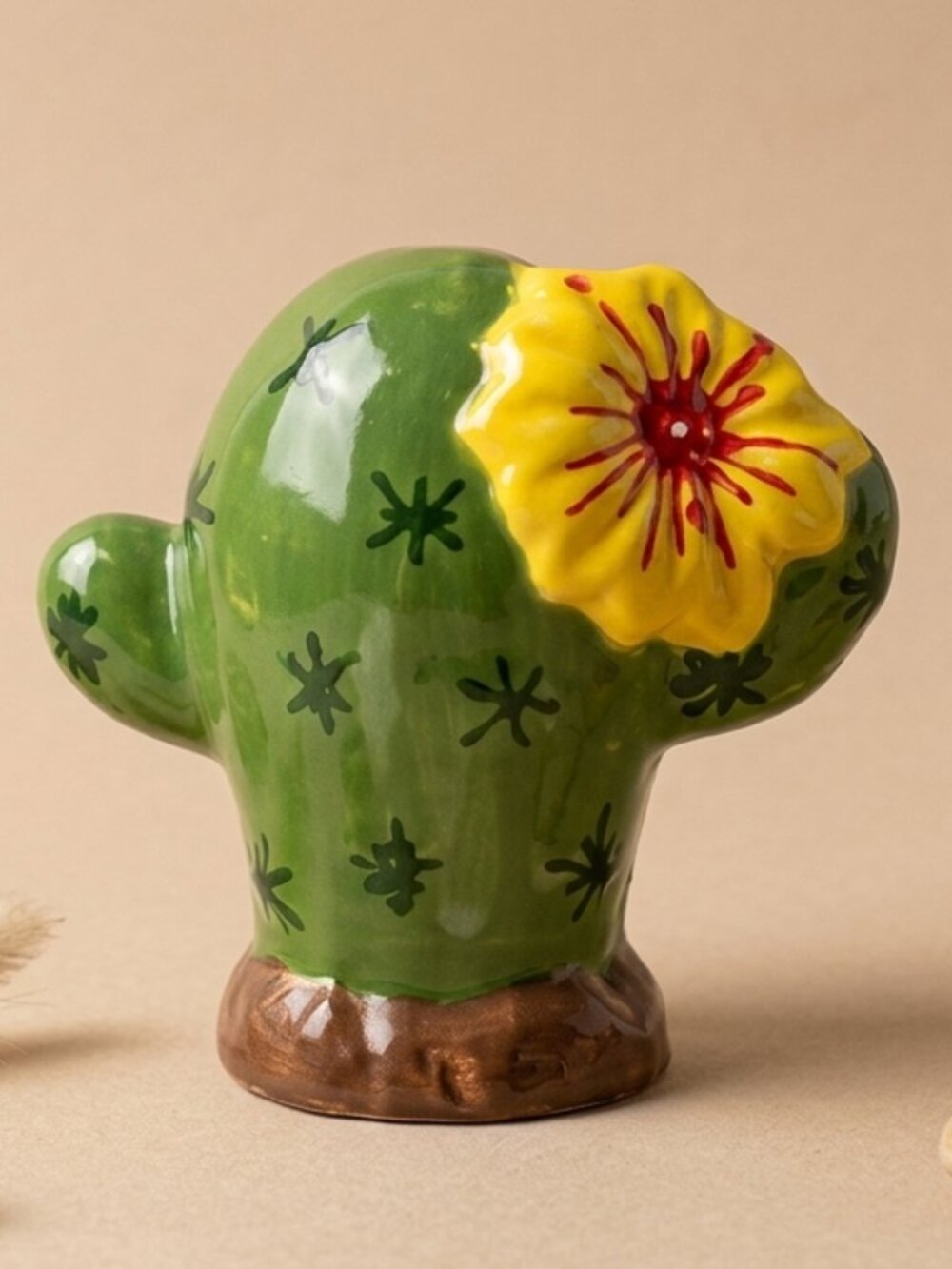 Boho Ceramic Saguaro Cactus Decor - Yellow Flower - 4.5"